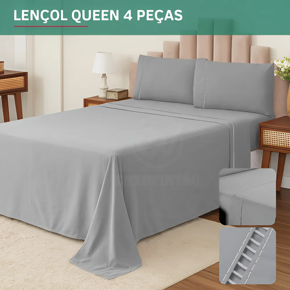 D_NQ_NP_2X_893079-MLA95493036432_102025-F Kit Jogo De Cama Queen Percal 400 Fios Fronha Em Ponto Palito 4 Peças Maciez E Conforto Prolongado Cor Cinza Premium
